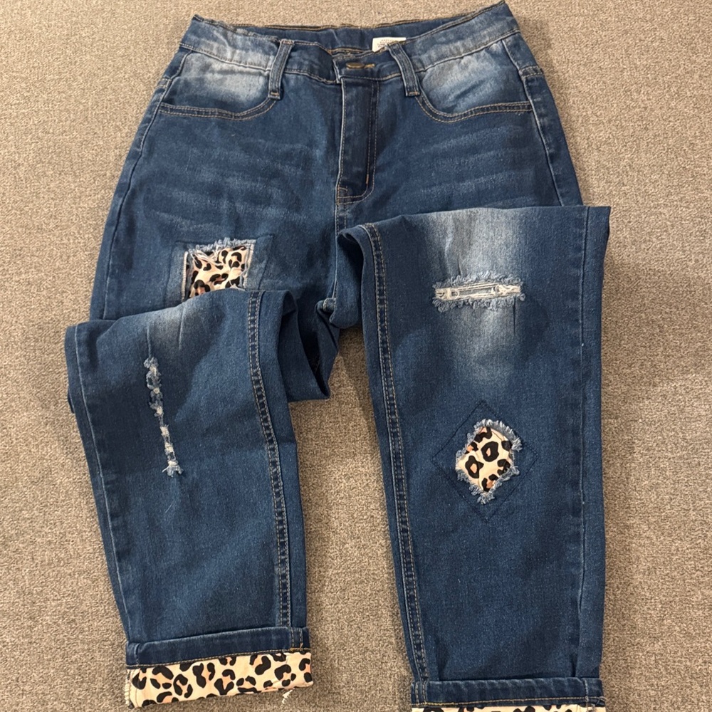5/$15- Blue Distressed Jeans with Leopard Accents